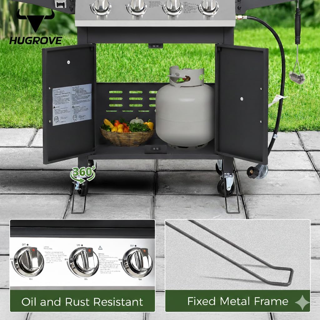 Propane Gas Grill with Wheels, Stainless Steel BBQ Grill for Patio and Backyard Cooking