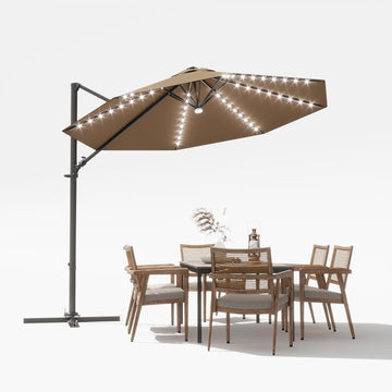 10ft Solar LED Patio Umbrella, Round Cantilever Outdoor Umbrella with Solar Lights and 360-Degree Rotation
