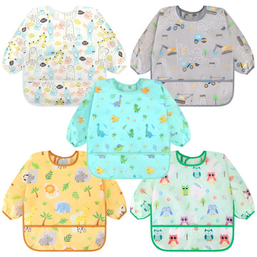 5 Pack Long Sleeve Bibs, Baby Smock Waterproof Sleeved Bib Smock for Baby Toddler 6-24 Months