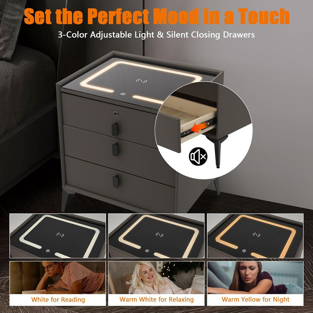 Smart Bedside Side Table w/USB Charging, Smart LED Nightstand w/Three-Color Light & Fingerprint Lock Drawer, Speaker