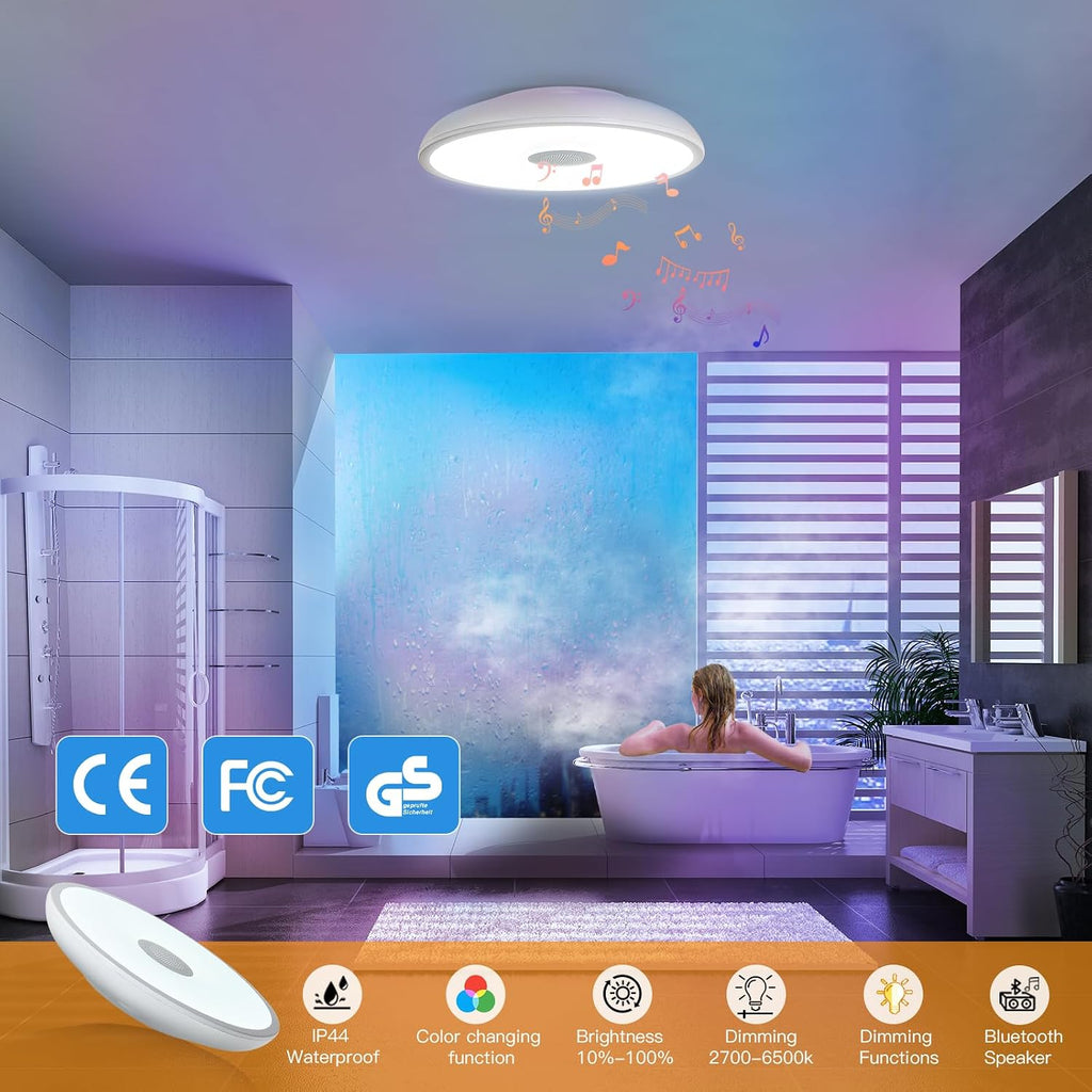 Smart Waterproof LED Flush Mount Ceiling Light Fixture,with Bluetooth Speaker,11 Inch,18 watt,Dimmable Music Lamp,RGB