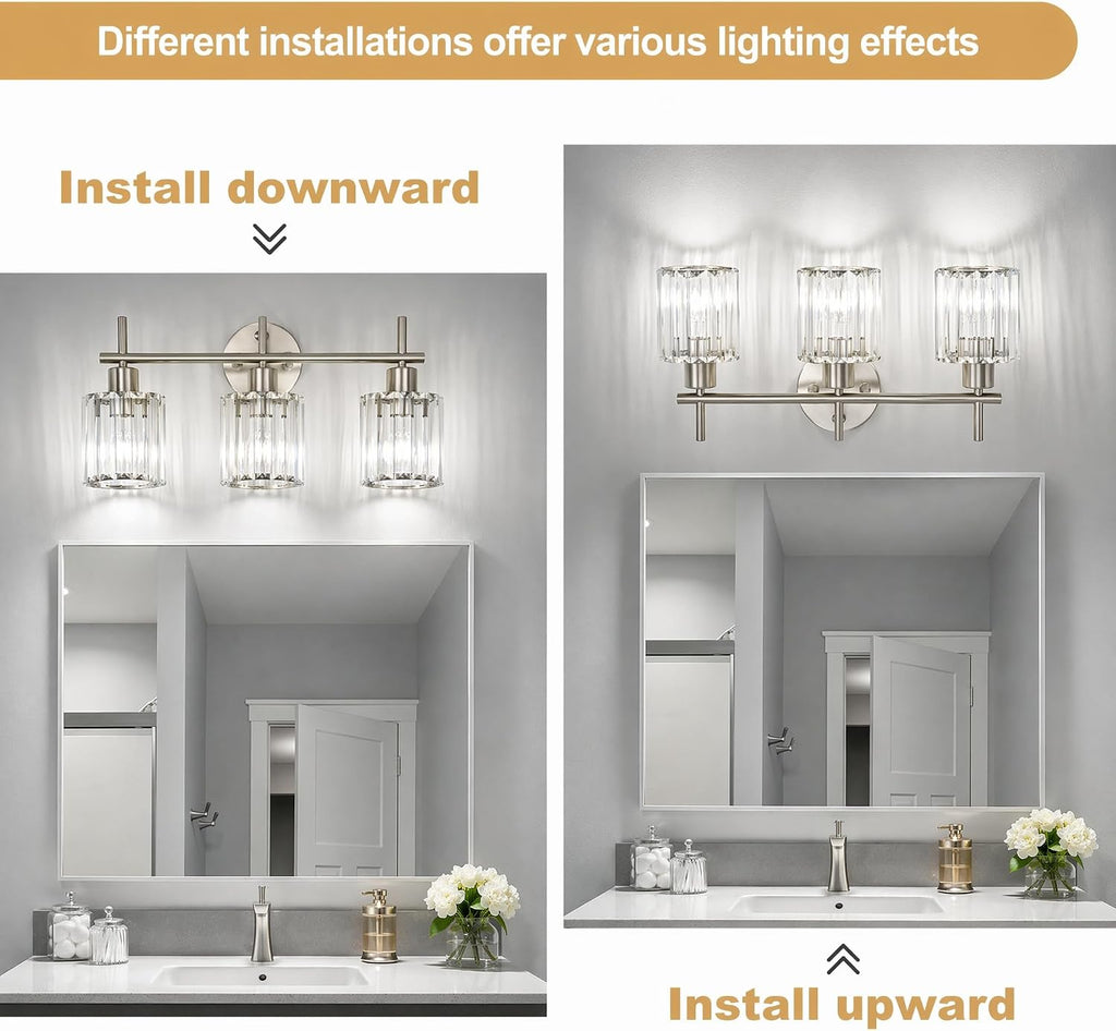 Brushed Nickel 3-Light Crystal Bathroom Vanity Light Fixtures, Round | Vanity Lights , Modern Bathroom Lighting