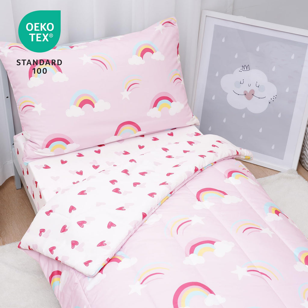 4 Piece Toddler Bedding Set - Soft Breathable Toddler Bedding Set for Girls, Includes Quilted Comforter, Flat Sheet