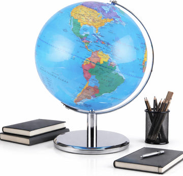 LED Illuminated World Globe with Chrome Rotating Stand - Desk Display Globe with Lighted Map, Metal Base, Plug