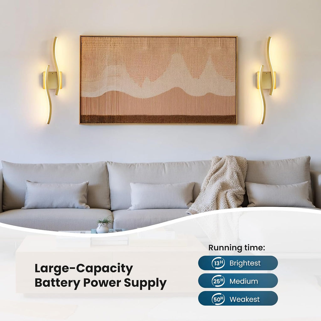 Gold Battery Operated Wall Sconces: 23.6 Inch Rechargeable Wall Sconce Set of 2 with Remote Control/3 Colors/10-100%