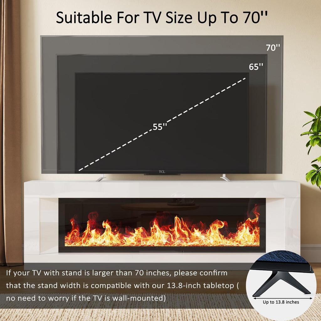 63" High Gloss Fireplace TV Stand, Modern TV Console, White