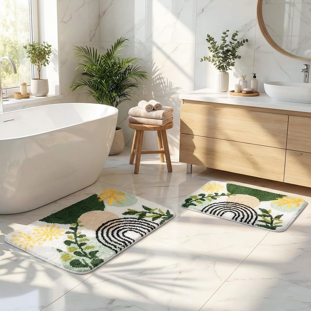 Boho Abstract Gold Plant Bathroom Rug Set 2 Piece Fluffy Microfiber Non-Slip Water Absorbent Bath Mat Soft Washable