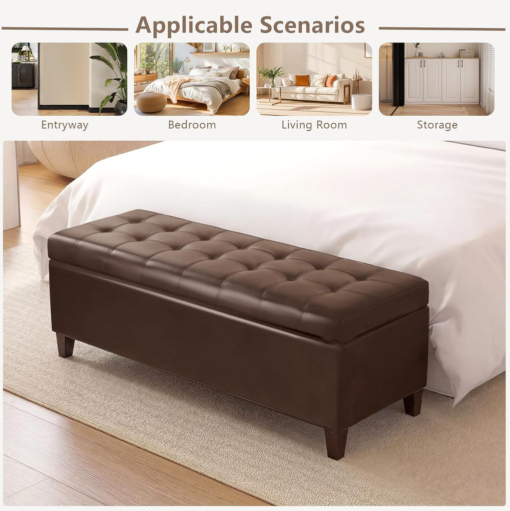 51 Inch Storage Bench,Leather Tufted Storage Ottoman with Legs | Safety Hinges,Wooden Legs,Upholstered,End of