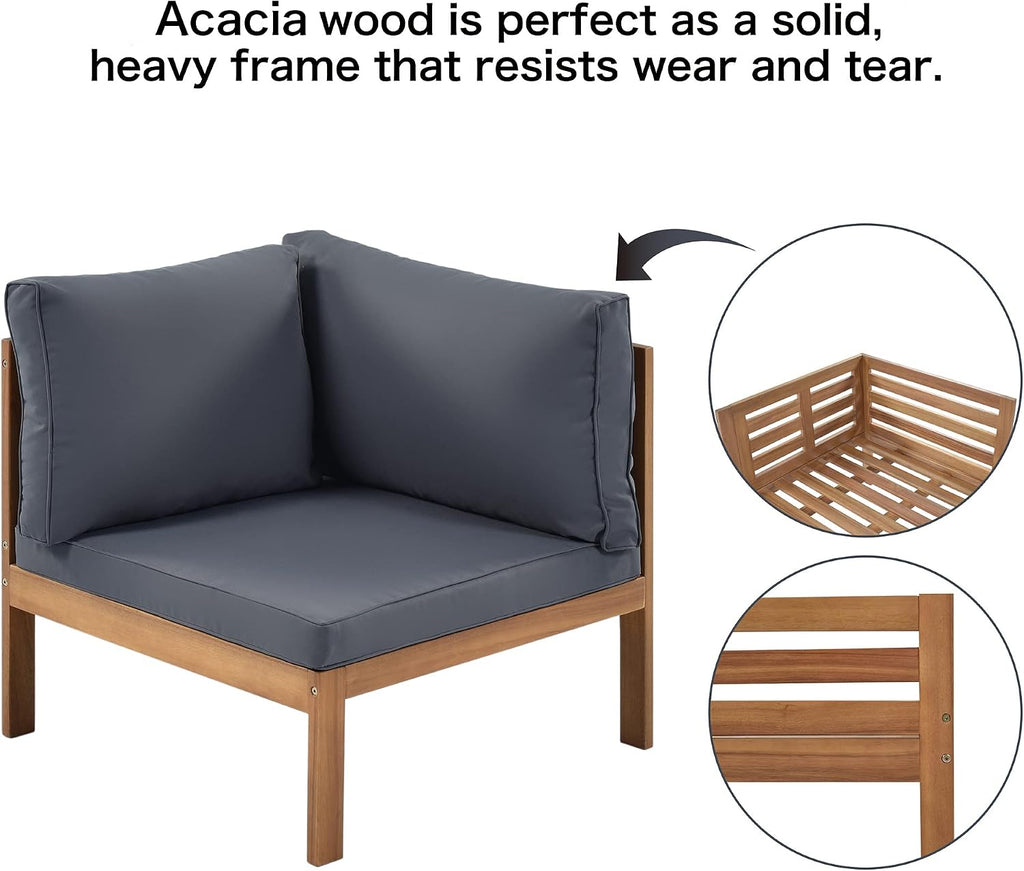 Outdoor Patio Natural Furniture Set L-Shaped Sofa Set, 4-Piece Acacia Wood Sectional Conversation Set with Loveseat