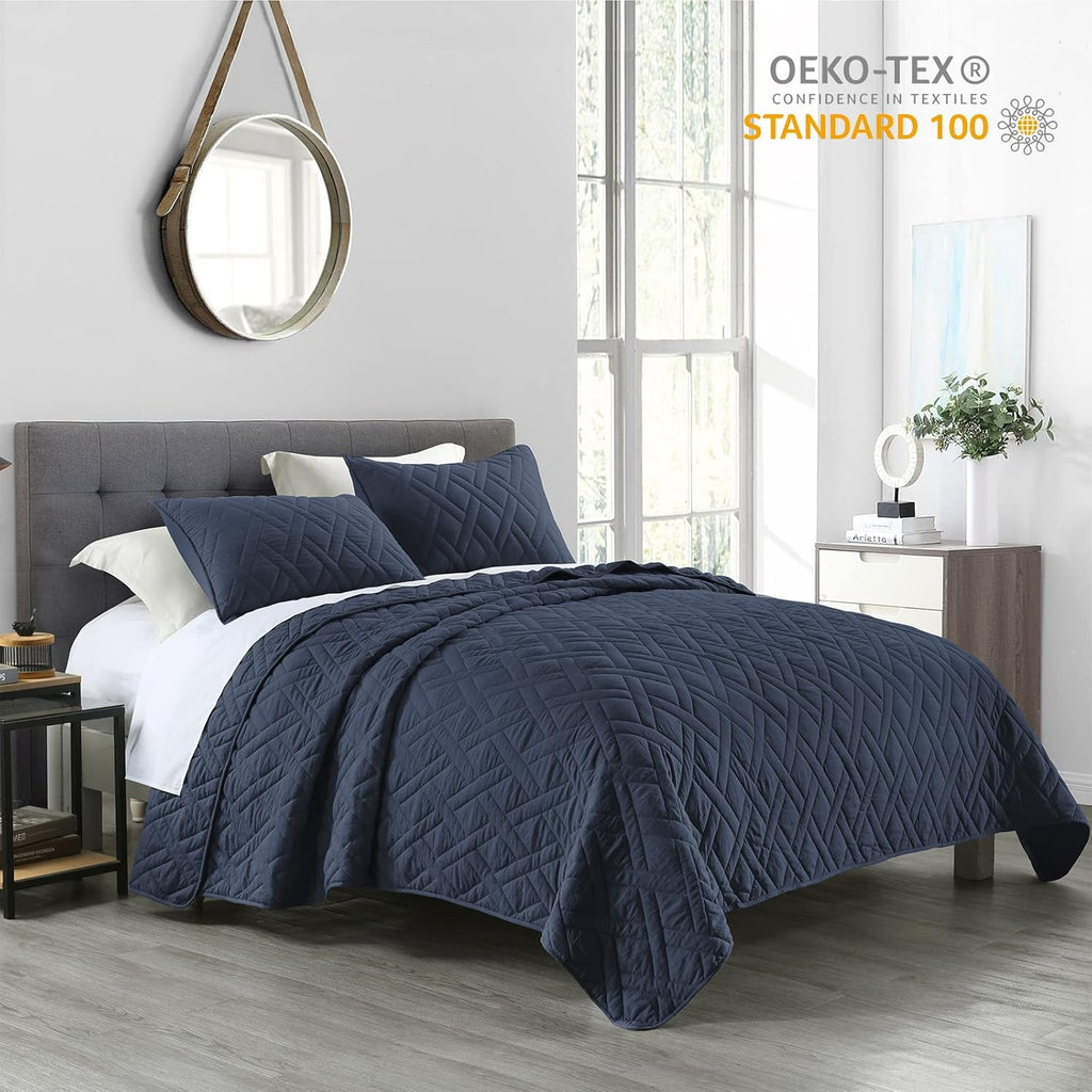 Quilt Set Navy Blue, Classic Geometric Diamond Stitched Pattern, Ultra Soft Microfiber Lightweight Bedding