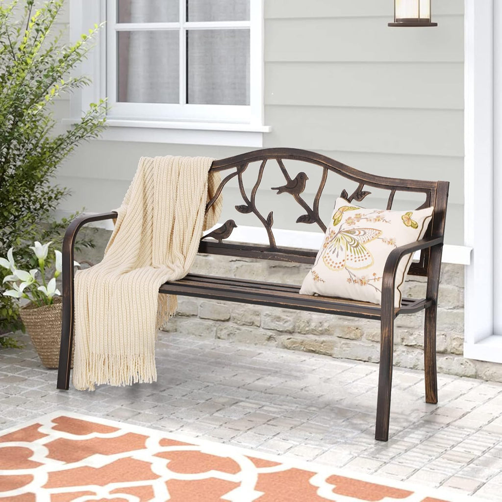 50 Inches Outdoor Bench and Park, Bird Bronze | Cast Iron Metal Garden Benches for Outdoors, Front Porch Bench with