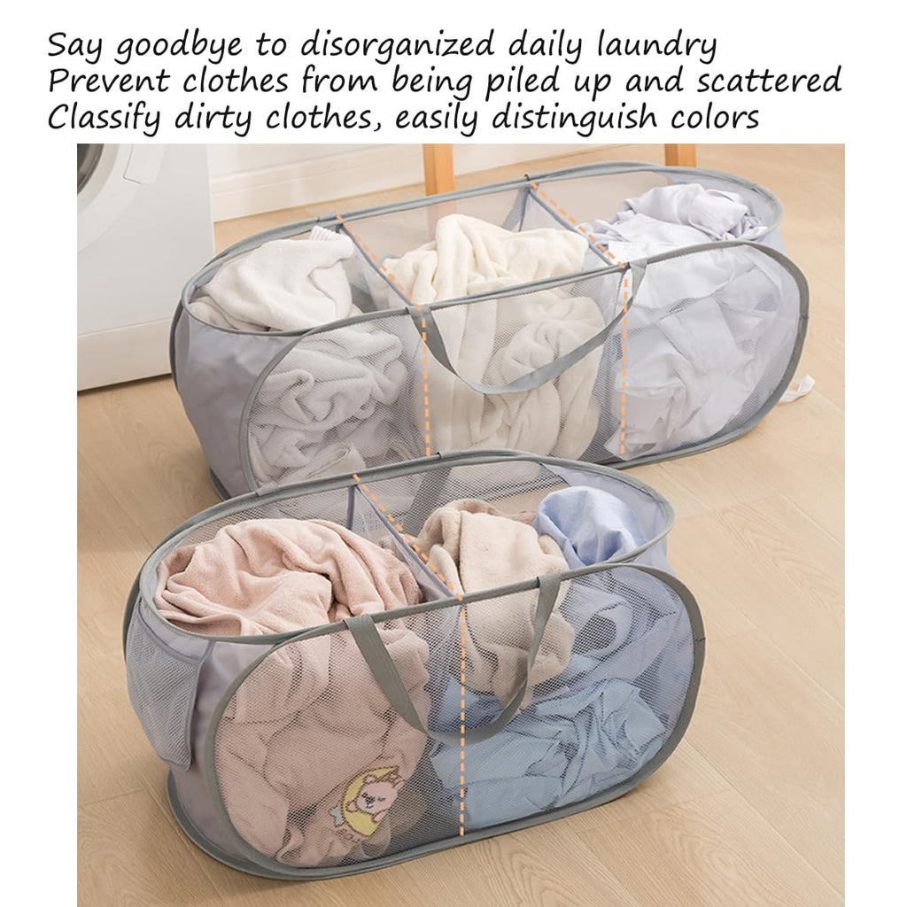 Mesh Laundry Hamper Basket, Sturdy 3 Compartments Laundry Basket, Foldable Pop up Laundry Hamper with Side Pocket for