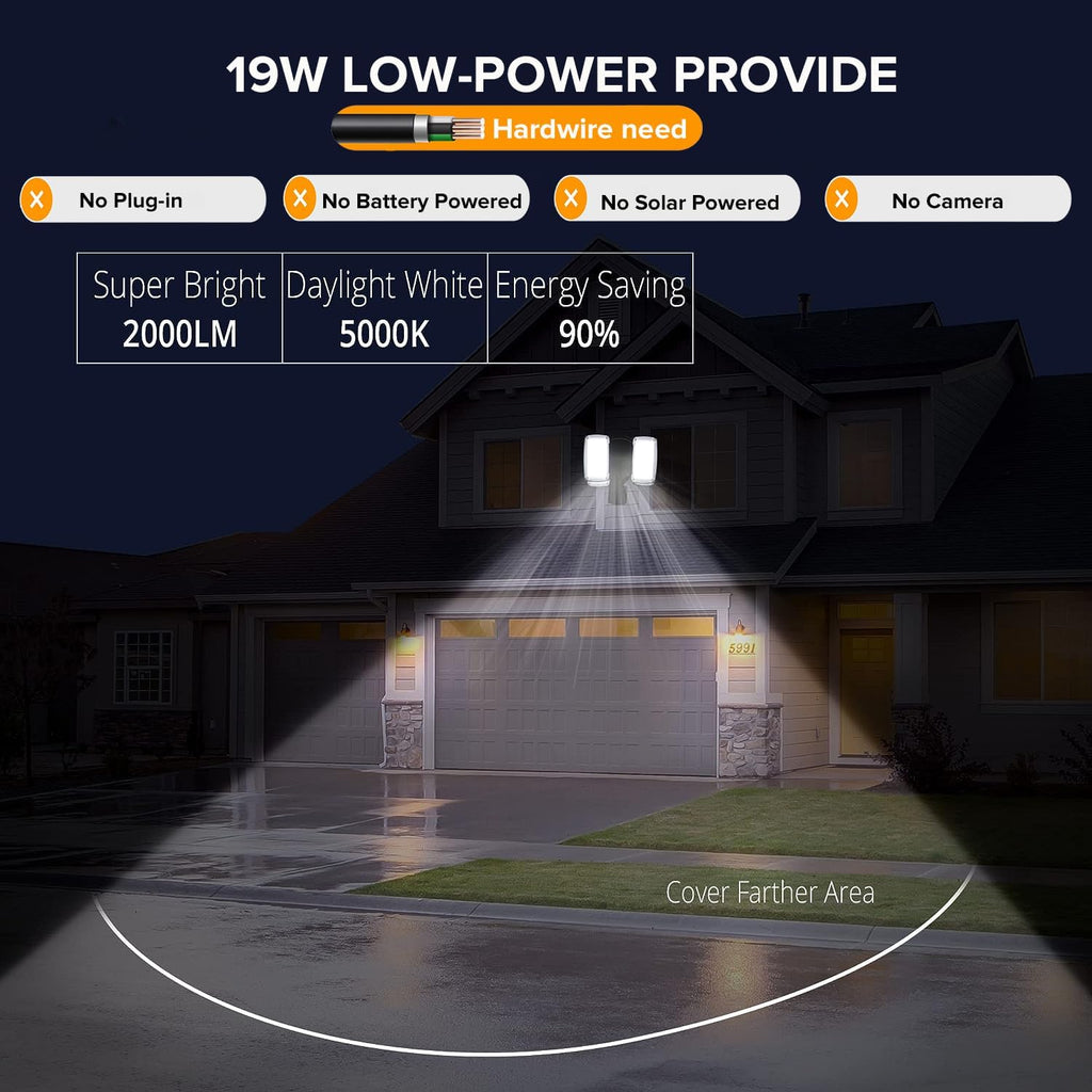 19W LED Flood Light Motion Sensor Outdoor, 2 Adjustable Head, 2000LM, 5000K, IP65 Waterproof, Dusk to Dawn Security