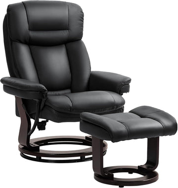 Modern Reclining Swivel Lounge Chair and Ottoman — Black PU Leather