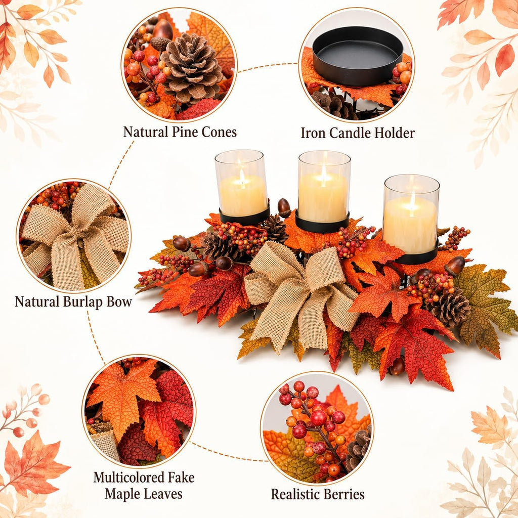 Fall Candle Holder Centerpiece with Maple Leaves, Pinecones, Berries & Burlap Bow,Thanksgiving Table Centerpiece