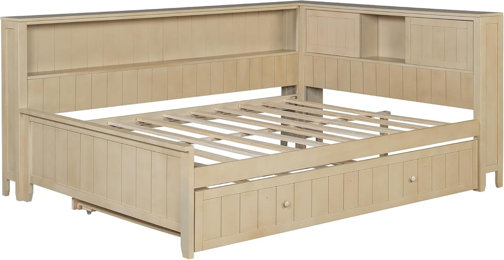 Full Daybed with Storage Shelves and Trundle, Wood Slat Support, No Box Spring Needed, Antique White