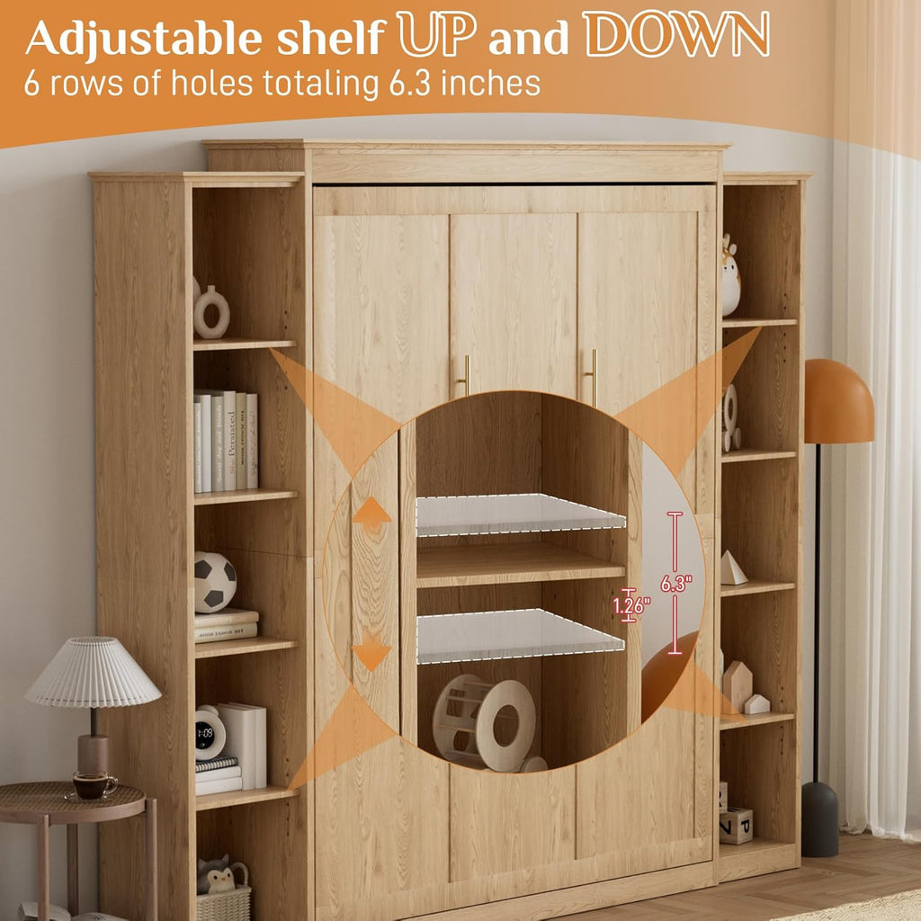 Queen Murphy Bed with 2 Storage Cabinet, Farmhouse Wood Hidden Foldable Wall Bed Frame, Space Saving Beds with