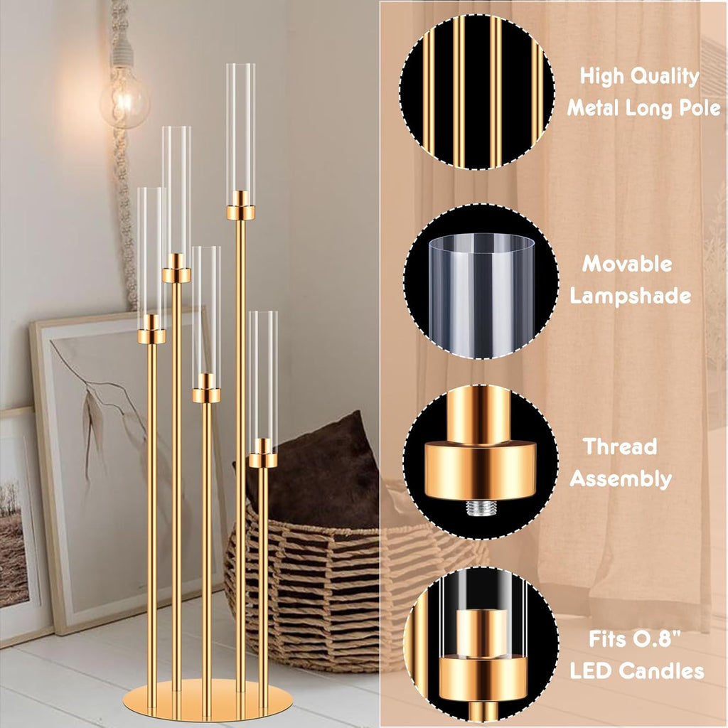 10 Sets 5 Arms Acrylic Candelabra for Tables,42'' Tall Candlesticks Holder with Lampshade,Wedding Centerpieces,Gold
