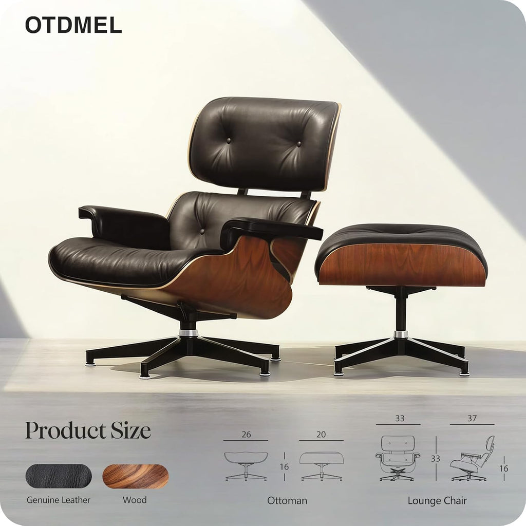 Mid-Century Modern Lounge Chair & Ottoman — Black Top-Grain Leather, Walnut Base, Extended Chaise