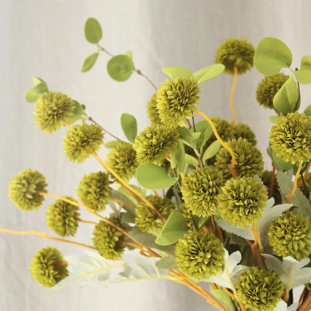 Green Flowers Artificial 10 Long Stems & 2pcs Eucalyptus Branches For Vase, Faux Silk Mum Greenery Arrangement