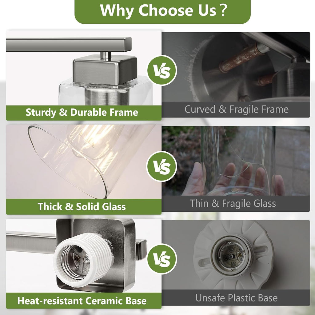 27" Bathroom Light Fixtures,4-Light Vanity Light Brushed Nickel | Square Clear Glass & Durable Metal, Quick & Easy