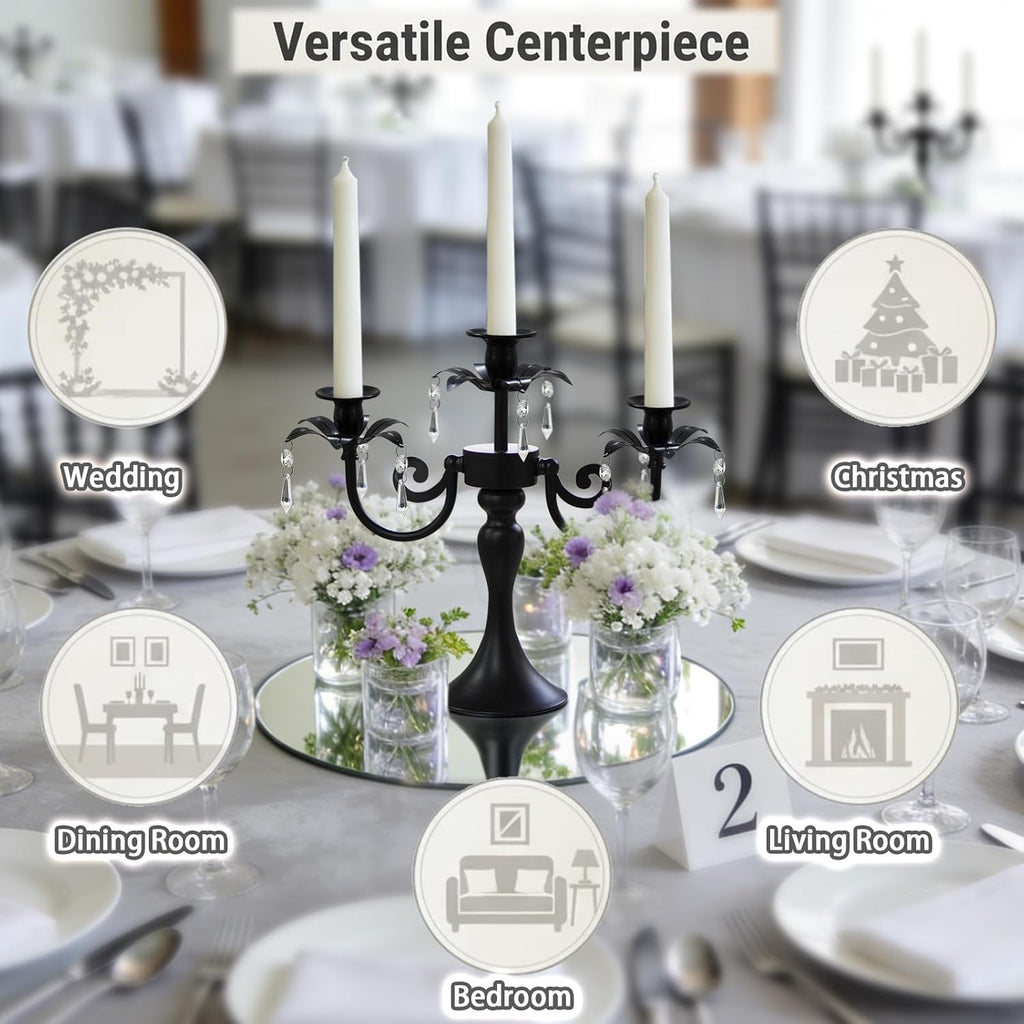 Metal 3 Arm Candelabra with Crystal Pendants - 11.8 Inch Tall Candle Holders, Set of 2 - Elegant Taper Candlestick