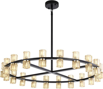 Modern Black Crystal Chandelier,40-Lights Crystal Chandeliers for Dining Room,Wagon Wheel Chandelier for Living Room Foyer Modern Farmhouse Chandelier Dia 40"