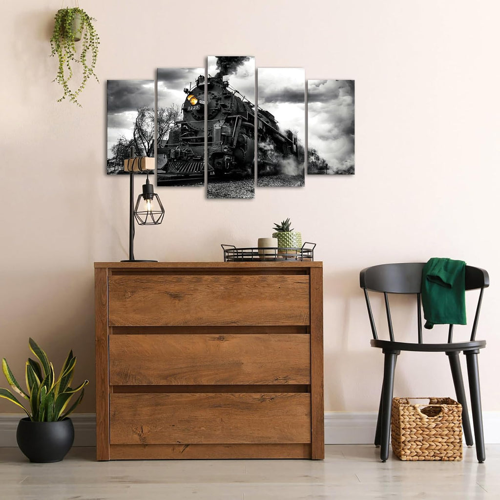 Black and White Train Canvas Wall Art, 5 Piece Set | 8"x16"x2pcs, 10"x20"x2pcs, 10"x24"x1pc Framed Waterproof Canvas