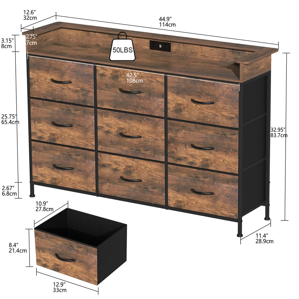 Industrial with Charging Station and LED Light Fabric Storage with 9 Fabric Drawers Chest of Drawers for Closet