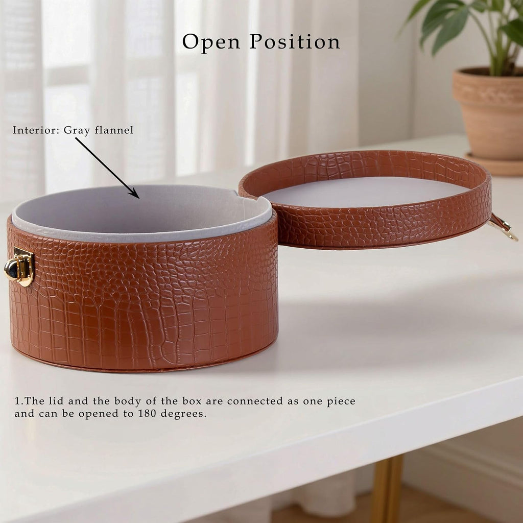 Large Leather Decorative Boxes Round Hat Box Bin Basket with Lid for Shelf Coffee Table Storage Remotes - Set of 2