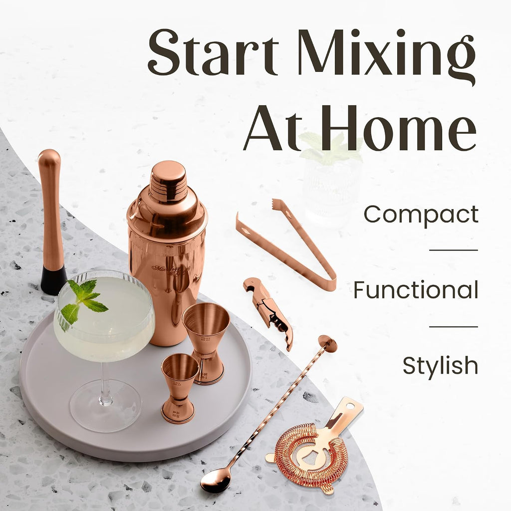 Rustic Cocktail Shaker Set - Includes Wood Stand, Complete Barware Kit with 24 Oz Shaker, Dual Jiggers, Pourers