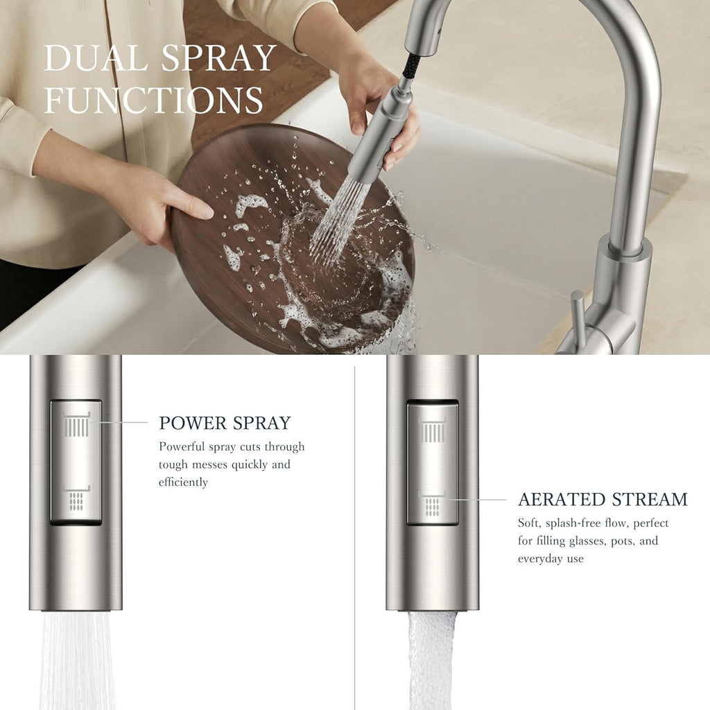 Kitchen Faucets with Pull Down Sprayer, Brushed Nickel Classic Single Handle Stainless Steel High Arc Faucet for Kitchen Sink, 1 Hole with Deck Plate Sink Faucet for Bar RV Farmhouse Laundry