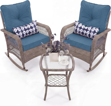 Rocking Chair Outdoor Set 2 w/Coffee Table, 3 Pc Wicker Bistro Set | Rocking with 4" Water-Resistant Cushions
