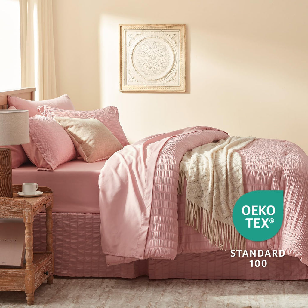 Comforter Sets 7 Pieces, Pink Seersucker Bed in a Bag Set, All Season Luxury Bedding Sets with Comforter