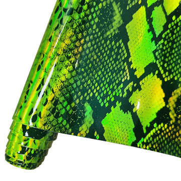 Holographic Mirror Snake Fluorescent Green PU Faux Leather Sheets 1 Roll 12"X53"(30cmX135cm), Faux Leather Fabric