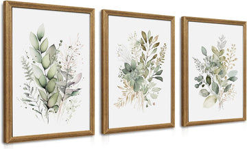 Framed Sage Green Botanical Wall Art Set of 3, Watercolor Eucalyptus & Wild Plant Canvas Prints, Minimalist Green
