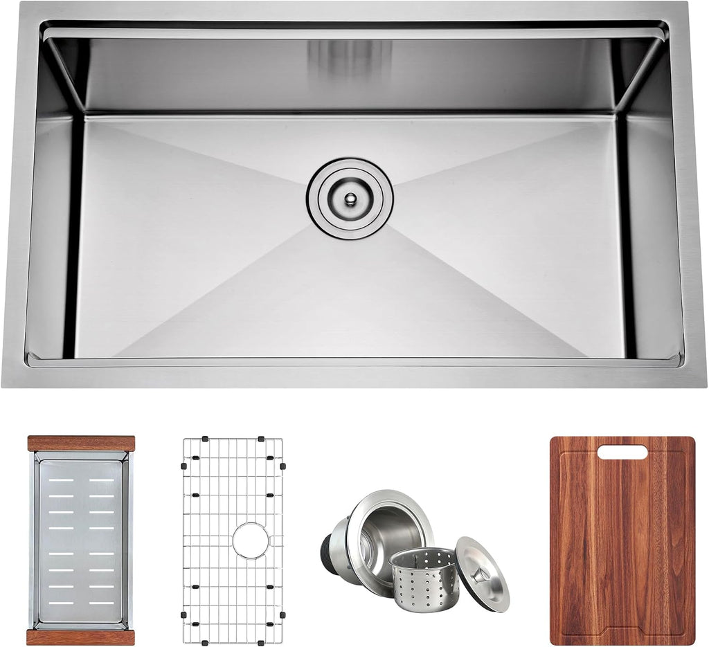 32 Inch Workstation Undermount Handmade Single Bowl Kitchen Sink | 304 Stainless Steel, 16 Gauge Thickness, Ledge for