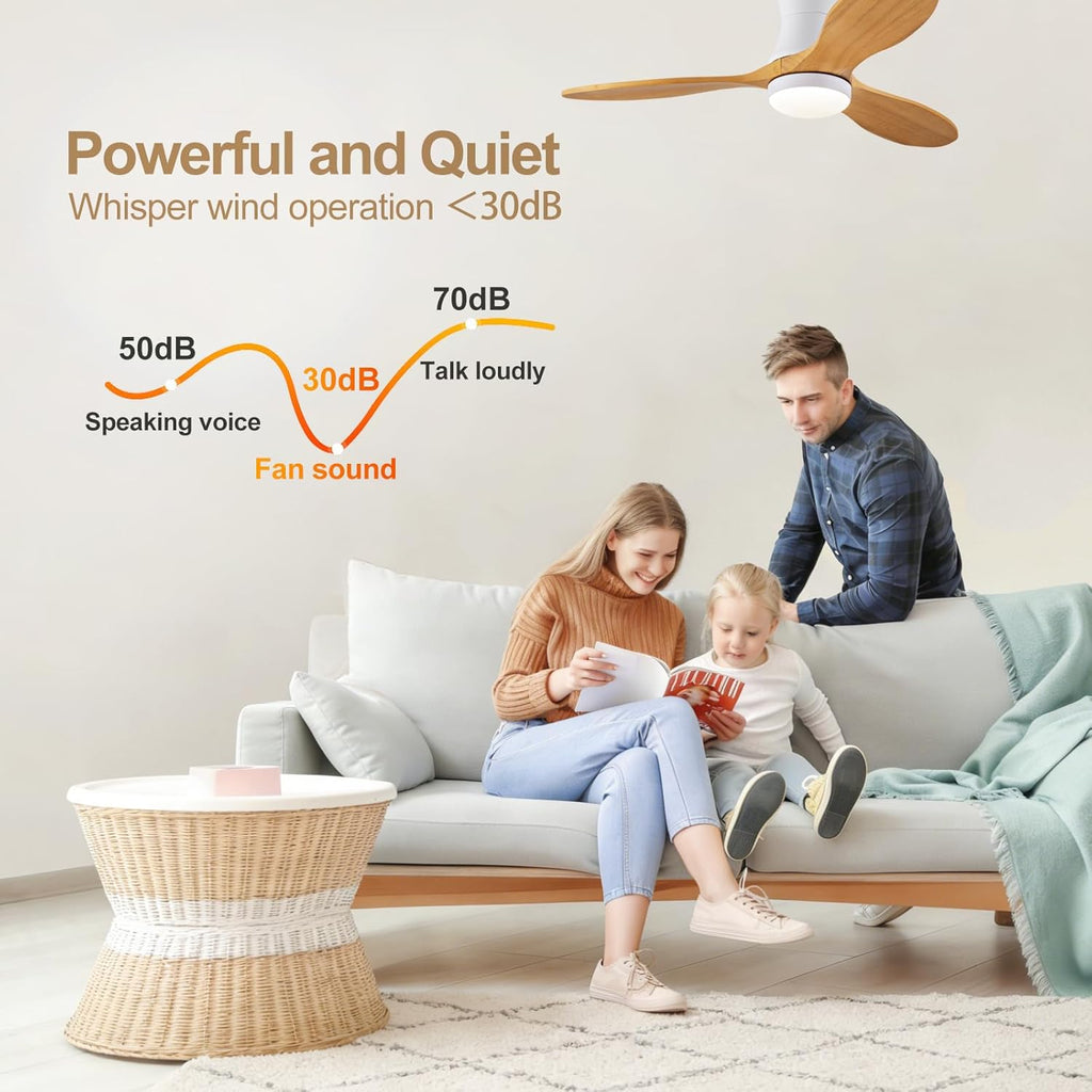 42 Inch Inspired Maverick Style Low Profile Smart Ceiling Hugger Fan with LED Light & Remote - Flush Mount, Solid Wood Blades, 6-Speed - White