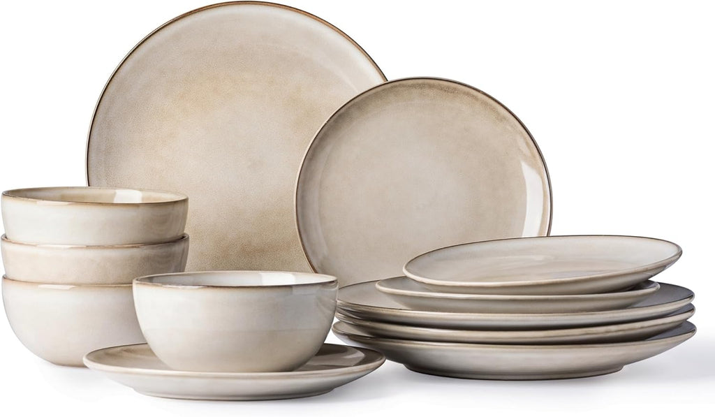Ceramic Dinnerware Sets for 4, 12 Pieces Handpainted Stoneware Plates and Bowls Set, Scratch Resistant Dishes Set
