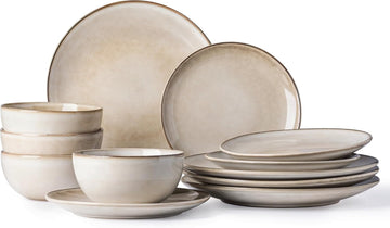 Ceramic Dinnerware Sets for 4, 12 Pieces Handpainted Stoneware Plates and Bowls Set, Scratch Resistant Dishes Set
