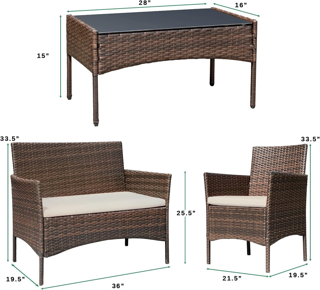 Patio Furniture 4 Pieces Conversation Sets Outdoor Wicker Rattan Chairs Garden Backyard Balcony Porch Poolside