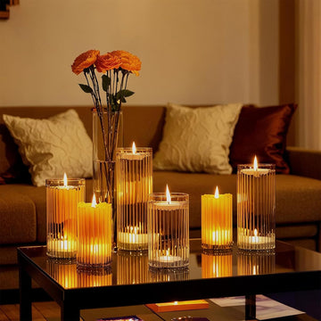 6 Pcs Glass Hurricane Candle Holder Ribbed Glass Candle Holder - Elegant & Easy to Use, Perfect for Wedding, Holiday