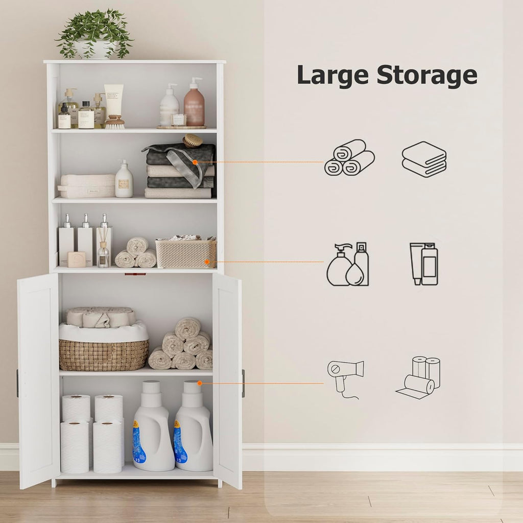 67" Tall Bathroom Storage Cabinet, Bathroom Floor Cabinet | Freestanding Farmhouse Cabinet with Doors and Adjustable