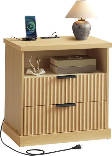 Nightstand with Charging Station, Fluted Night Stand, Bedside Table, Mid Century Modern Side End Table