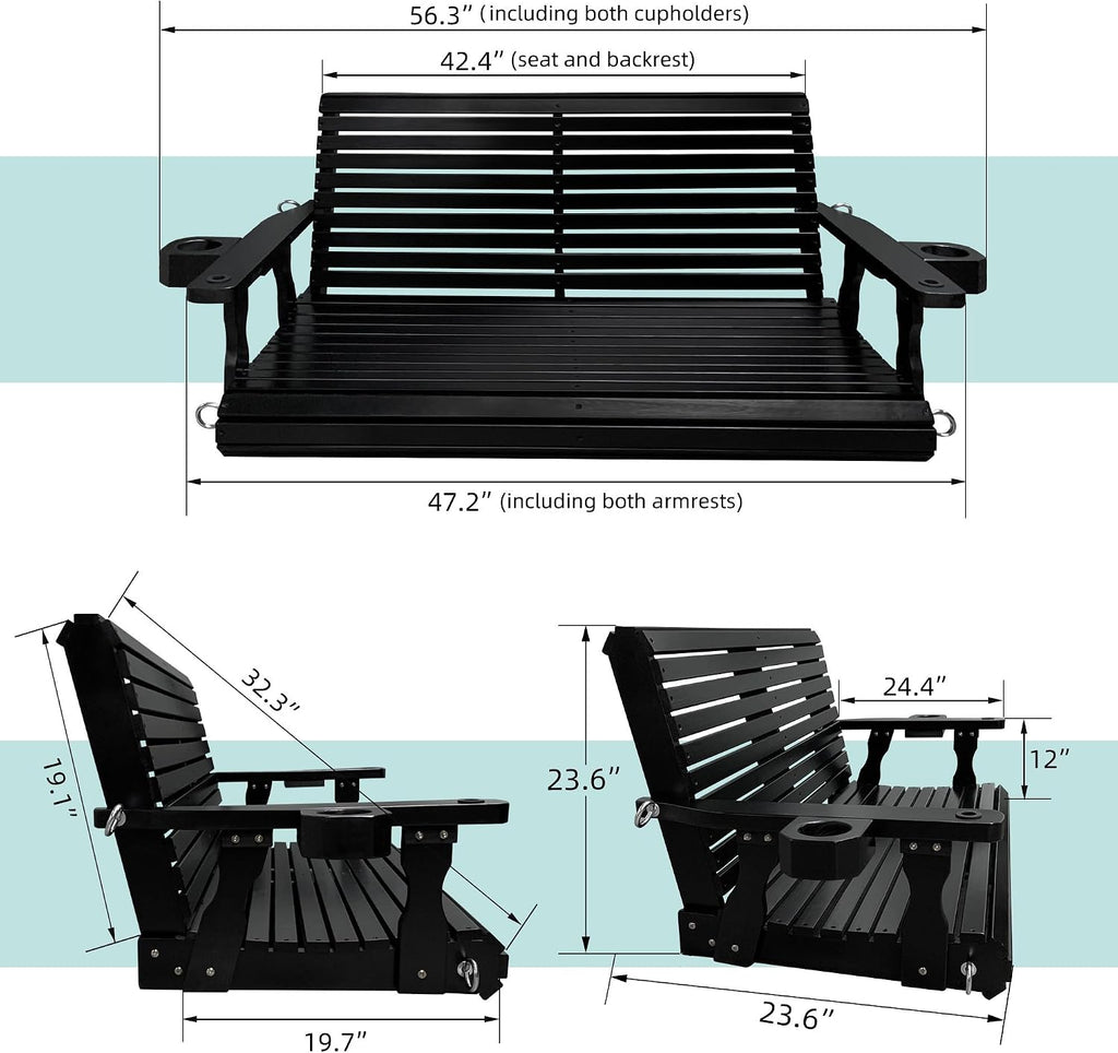 Wooden Porch Swing 2-Seater, High Backrest and Deep Seat, Bench Swing with Cupholders, Hanging Chains and 7mm