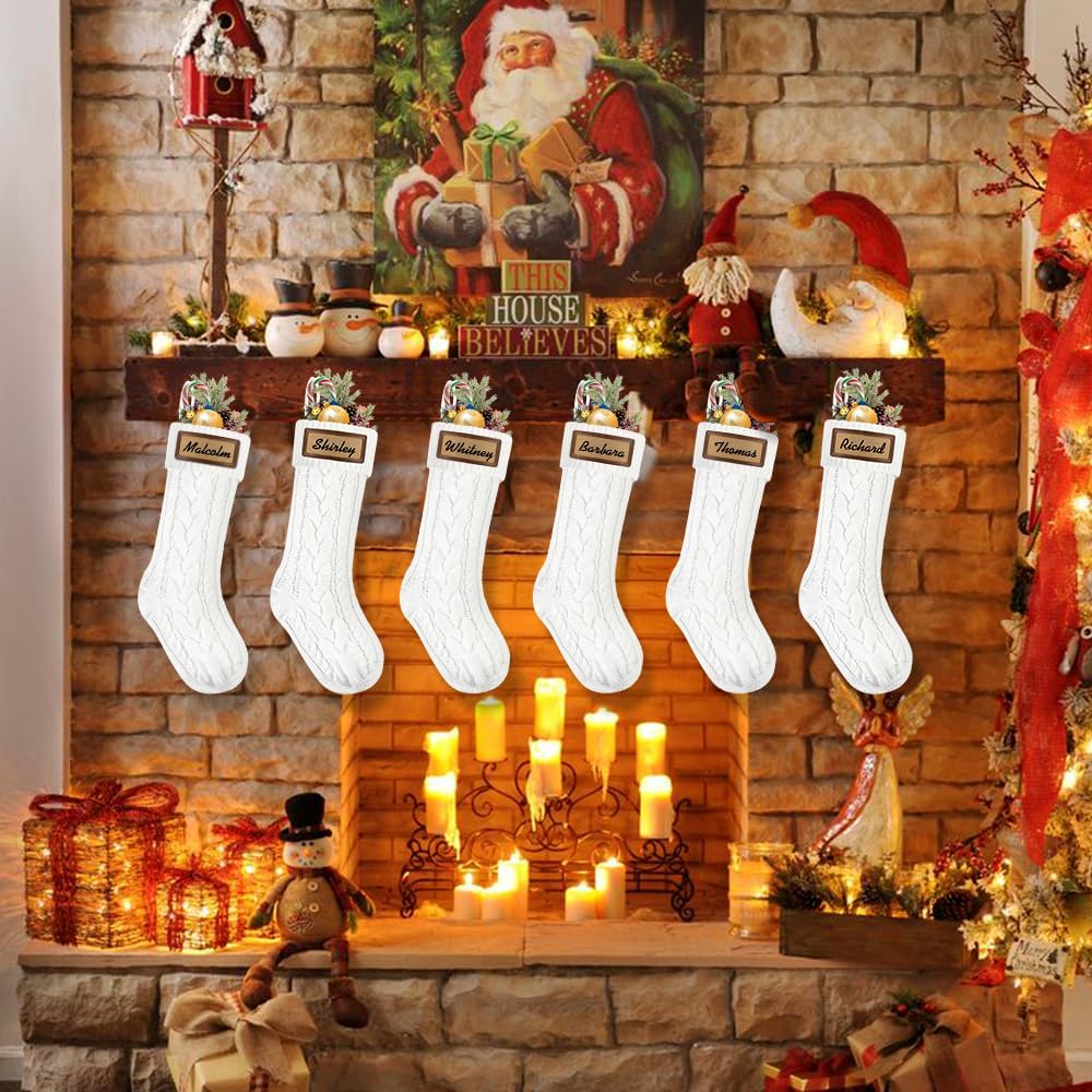 Christmas Stockings, 18inch Large White Cable Knitted Stocking Personalized Xmas Hanging Stocking with Leather - Set of 6