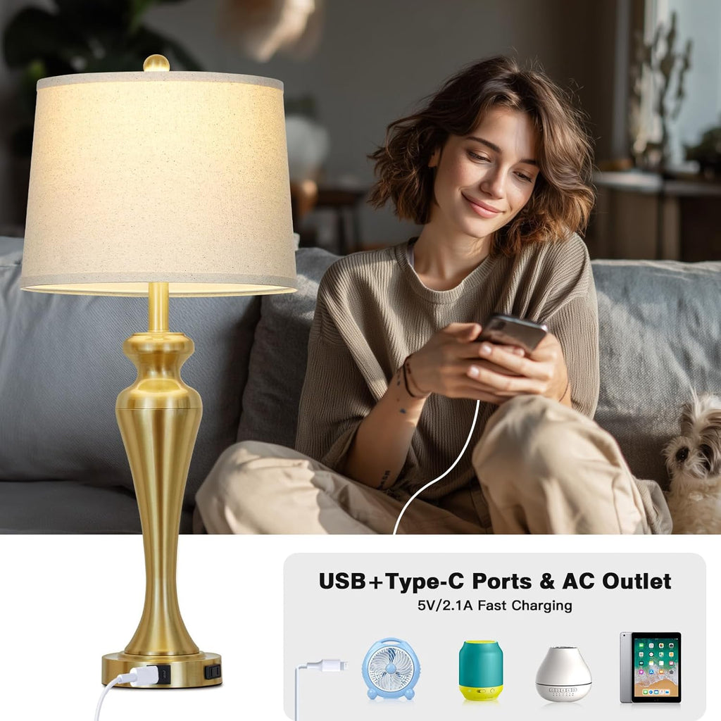 30 Inch Gold Single Table Lamp, 3-Way Dimmable Touch Control Bedside Lamps with USB A+C Ports and AC Outlet