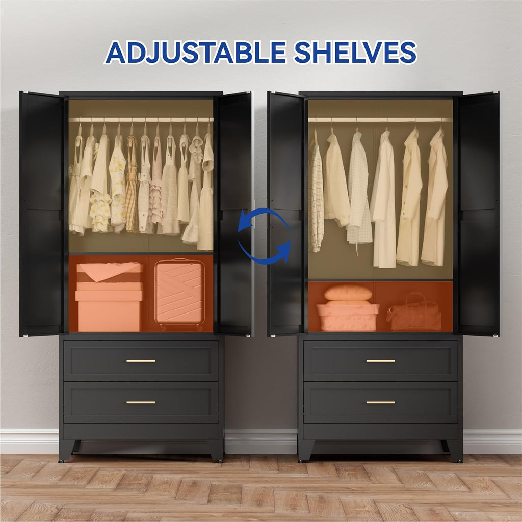 Armoire Wardrobe Closet with Drawers & Hanging Rod, 71'' Metal Wardrobe Closet with Doors & Adjustable Shelf
