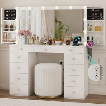 Vanity Desk with Mirror and Lights, White Vanity with Jewelry Storage Cabinet, Makeup Dressing Table with 11 Drawers