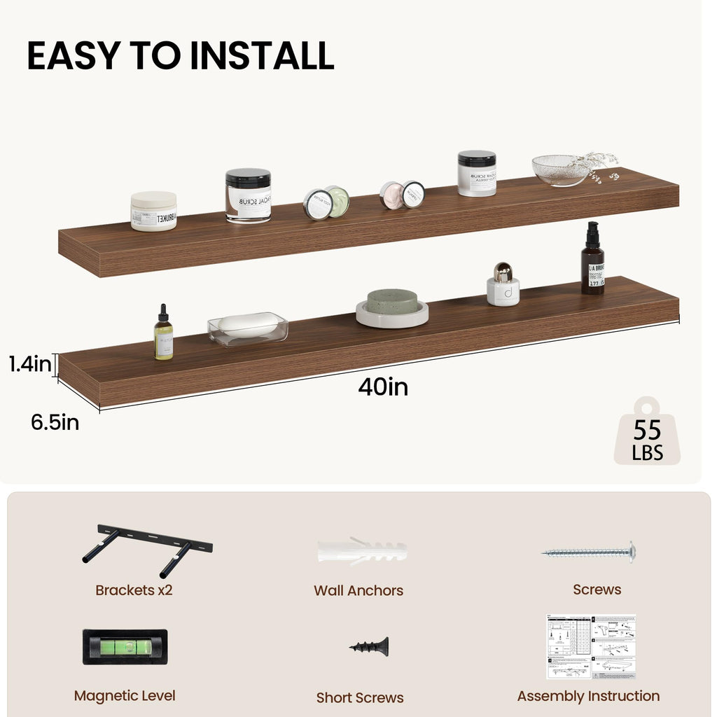 40 Inch Floating Shelves Wall Mounted for Display, 6.5 Deep Duty Shelves with Invisible Brackets Storage & Decor, 40"